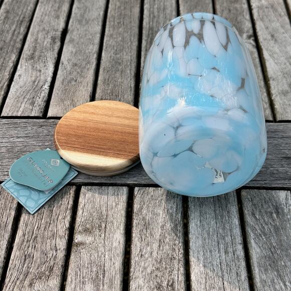 Murano Light Pastel Blue Confetti Glass Jar with Acacia Lid BPA Free Storage New - Picture 11 of 12